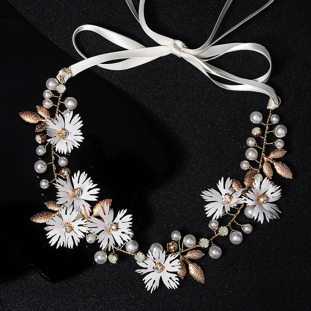 Bridal Fabric Flower Wedding Prom Hair Crown Headband with Flower Hair Vine Accessories for Women and Girls