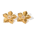 J&D 18k Gold Stainless Steel Faux Pearl Flower Earrings with Delicate Design Chic Everyday Wear Party Fashion Jewelry
