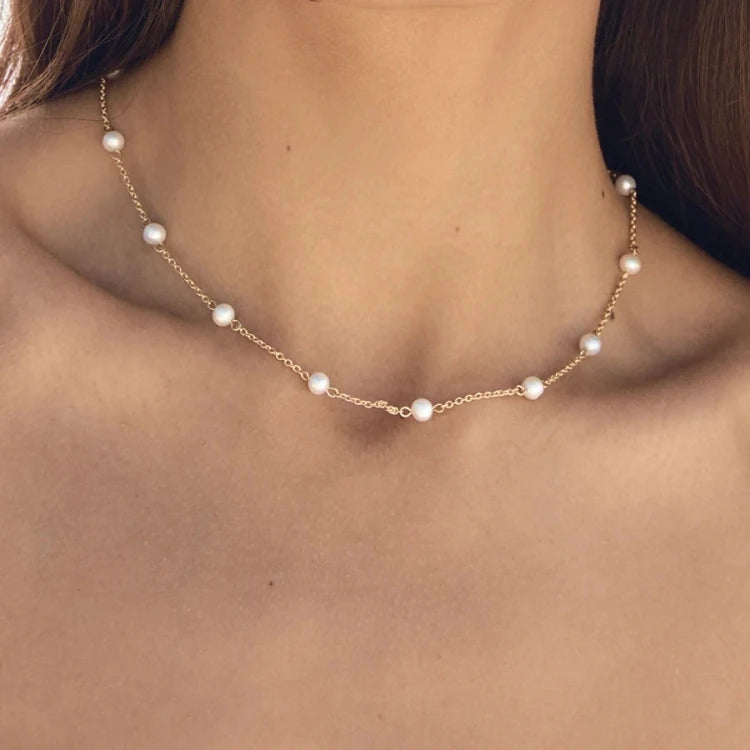 G110 Minimal Jewelry Freshwater Pearl Gold Stainless Steel Link Chain Pearls Choker Women Necklace