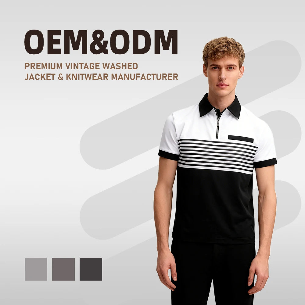 Custom Men's Casual Stripe Shirt Plus Size 100% Polyester Anti-Wrinkle Knitted Business Style Chest Pocket Lapel Zipper T-shirt