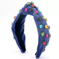 Colorful Rainbow Heart Crystal Handmade Christmas Holiday Headbands Custom Navy Blue Velvet Fabric Headbands