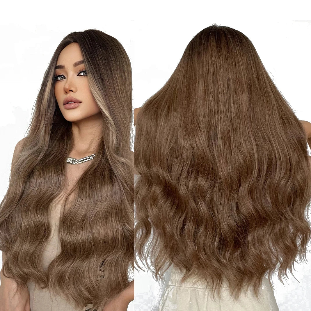 Wigs Factory Price  Long Wavy Wigs No Bangs Light Brown Middle Part Hair Daily for Women loose wave wig