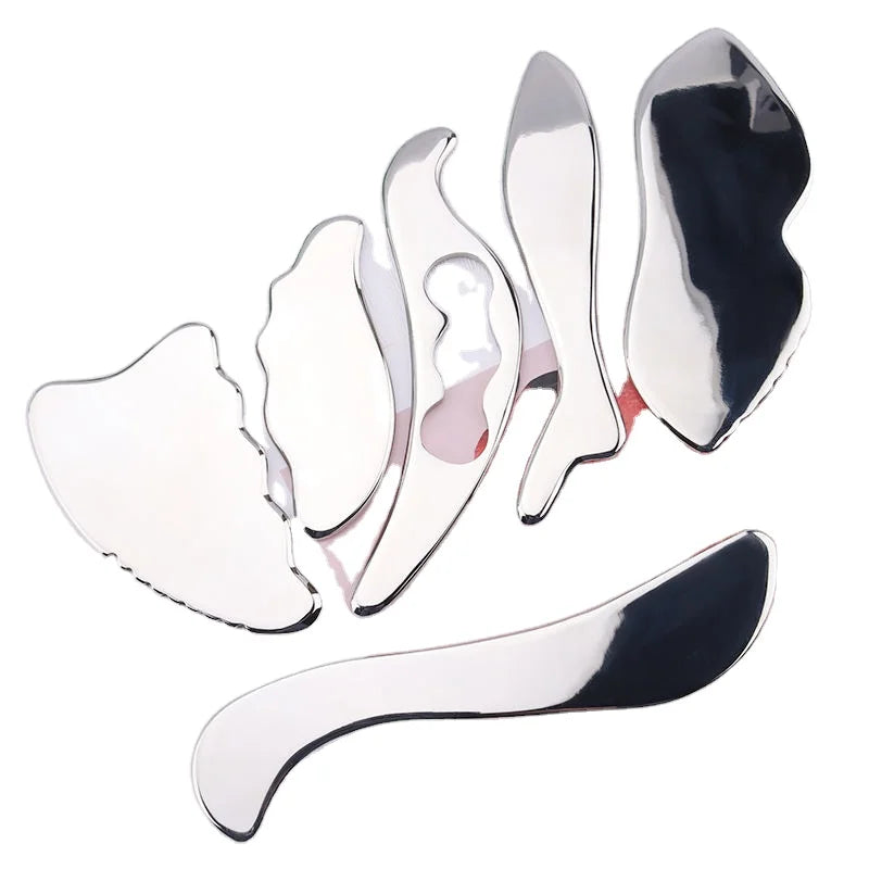 Stainless Steel Gua Sha Massage Tool Body Scrapping Board with Jade Roller for SPA Treatment