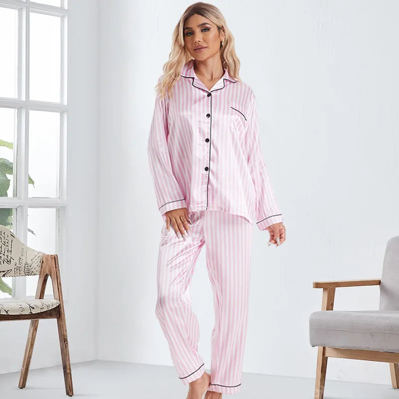 PIJAMA ABERTO Ladies Long Casual Pajamas Set Luxury Ice Silk Sleepwear Elastic Waist Full Length Summer Autumn Spring