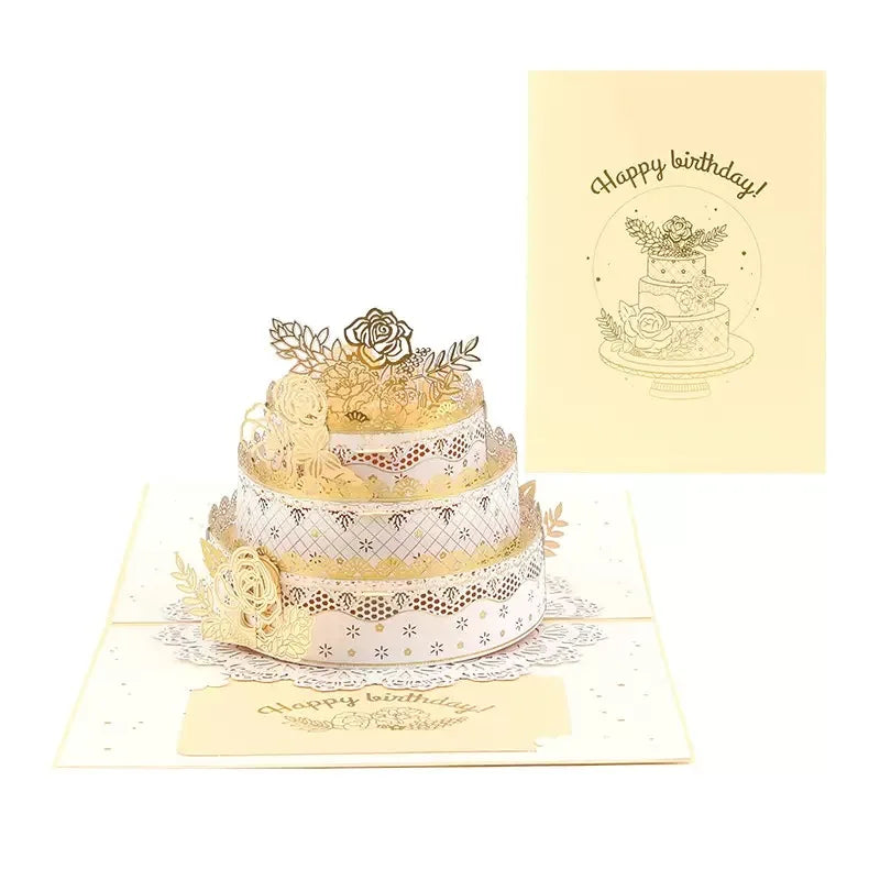Factory wholesale Sales Handmade Rose Round Birthday Cake Pop-up 3d greeting Card