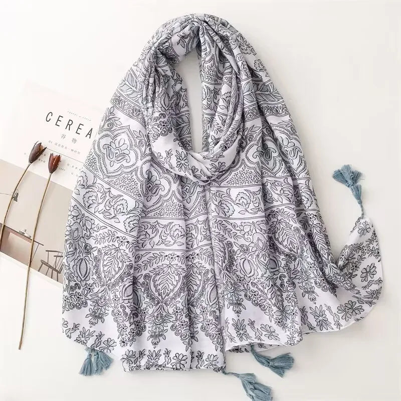 Tassel Cotton Viscose Hijab Printed Scarf Tudung Bawal Customized Designs Cotton Voile Hot Muslim Hijab Popular