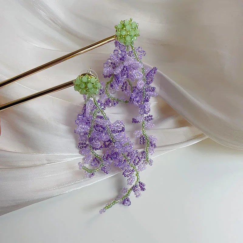 Oil Painting Sensory Forest Series Wisteria Tassel Earrings Handmade Beaded Long Seaweed Earrings Wholesale
