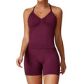 Women's High Waist Compression Yoga Shorts Tank Tops Set Stretchy Halter Neck Tummy Control Seamless Scrunch Back Supportive
