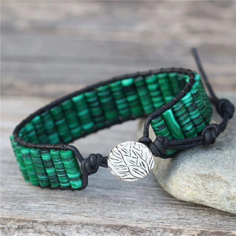 Gipsy Tube Shape Malachite Beaded Leather Wrap Bracelets Wholesale Handmade Bohemian Weaving Bracelet Wholesale Manufacturer