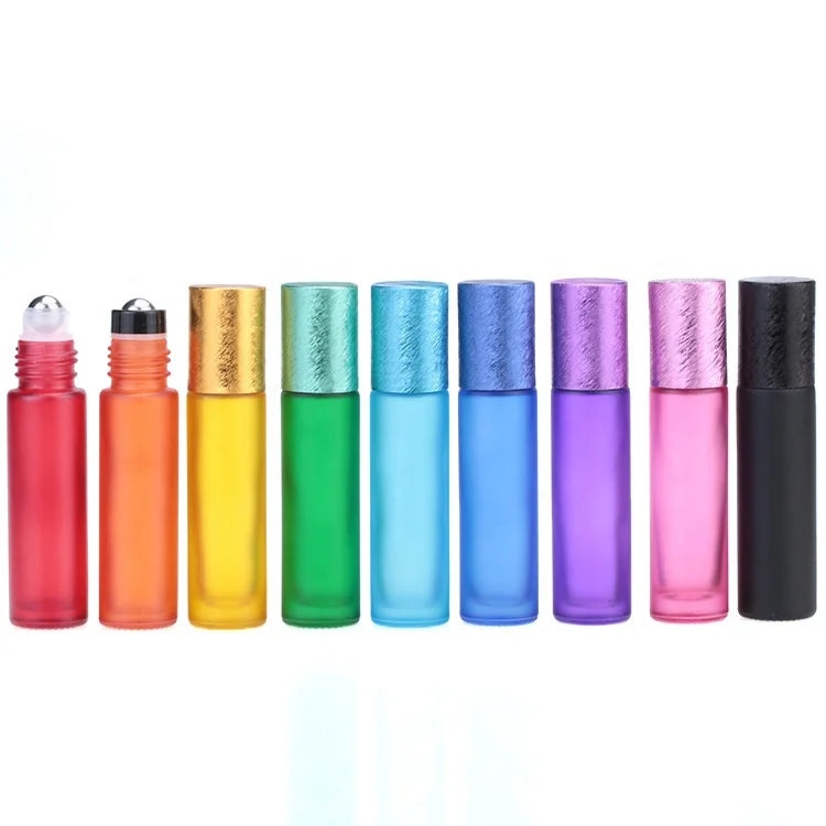 10ml rainbow Color Frosted Glass Roll on Bottle with Metal Roller Ball/brushed Lids