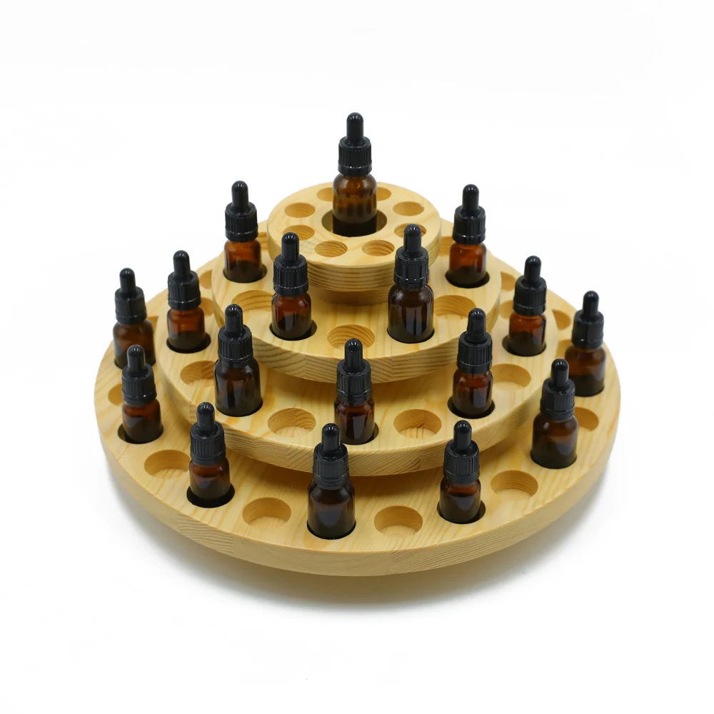Hot Selling Custom Logo 39/63 Grids Solid Wooden Essential Oil Display Rack Bottle Racks Round Turntable Storage