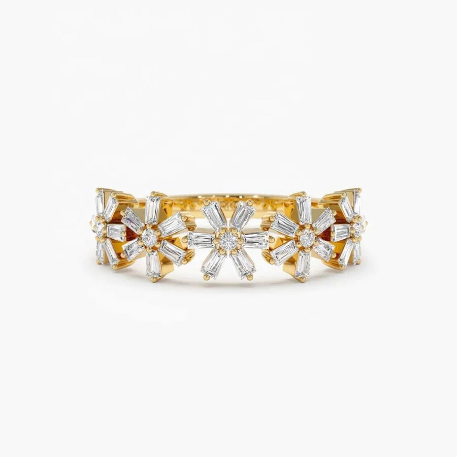 LOZRUNVE 18k Gold Jewelry Half Eternity Baguette Flower Ring for Women Sterling Silver 925