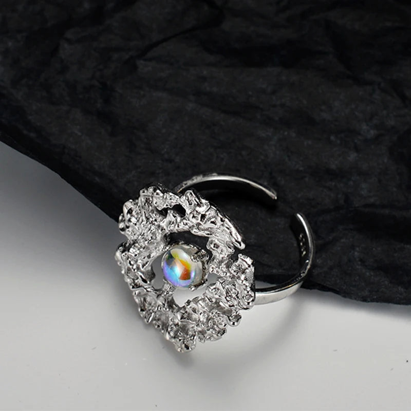 ICEBELA Jewelry 925 Sterling Silver Korean Version Minority Light Luxury Color-changing Moonstone Texture Rainbow Moonstone Ring