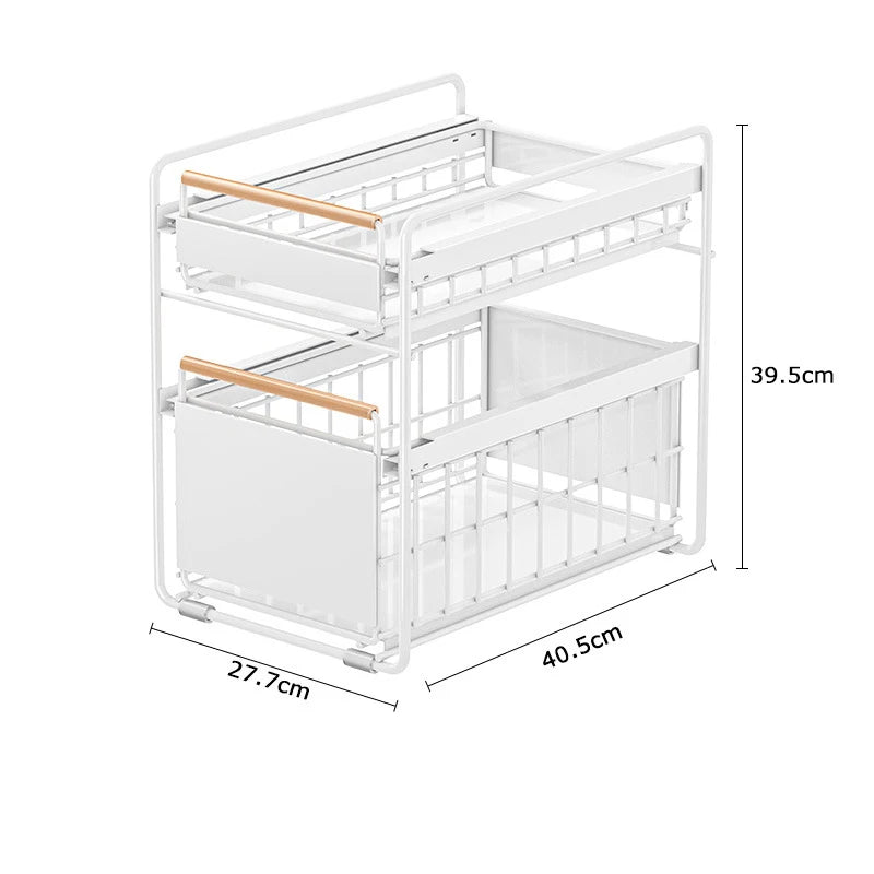 Steel Double Tier Folding Sliding Floor Type White Cabinet Basket Drawer Multifunction Tableware Storage Rack for Kitchen