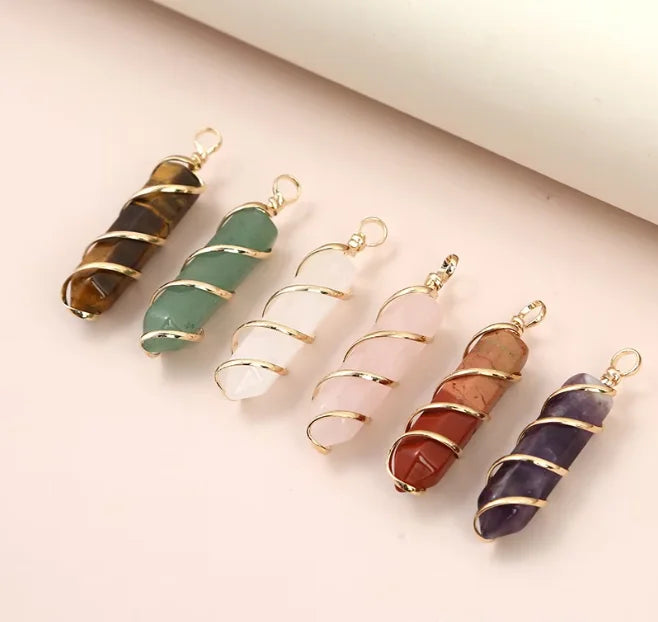 Fashion Charm Hexagonal Column Quartz Necklace Pendant Natural Stone Healing Point Bullet Crystal Gold Silver Wire Wrapped