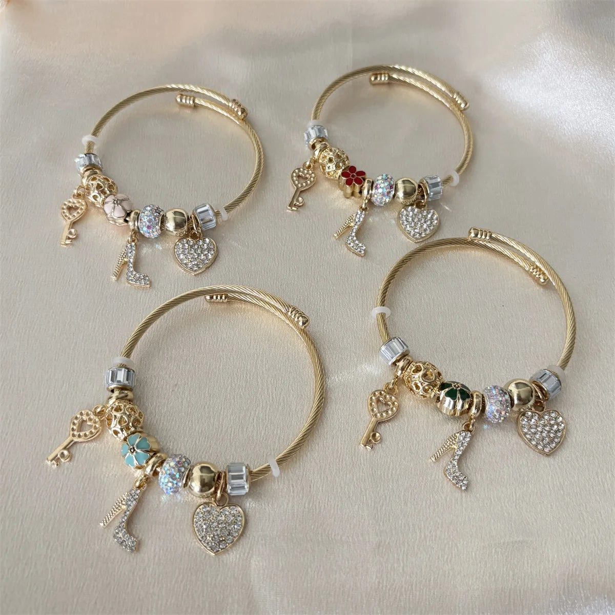 18K Gold Plated Stainless Steel Full Diamond High Heels Keys Hearts Fashion Charm Bracelets