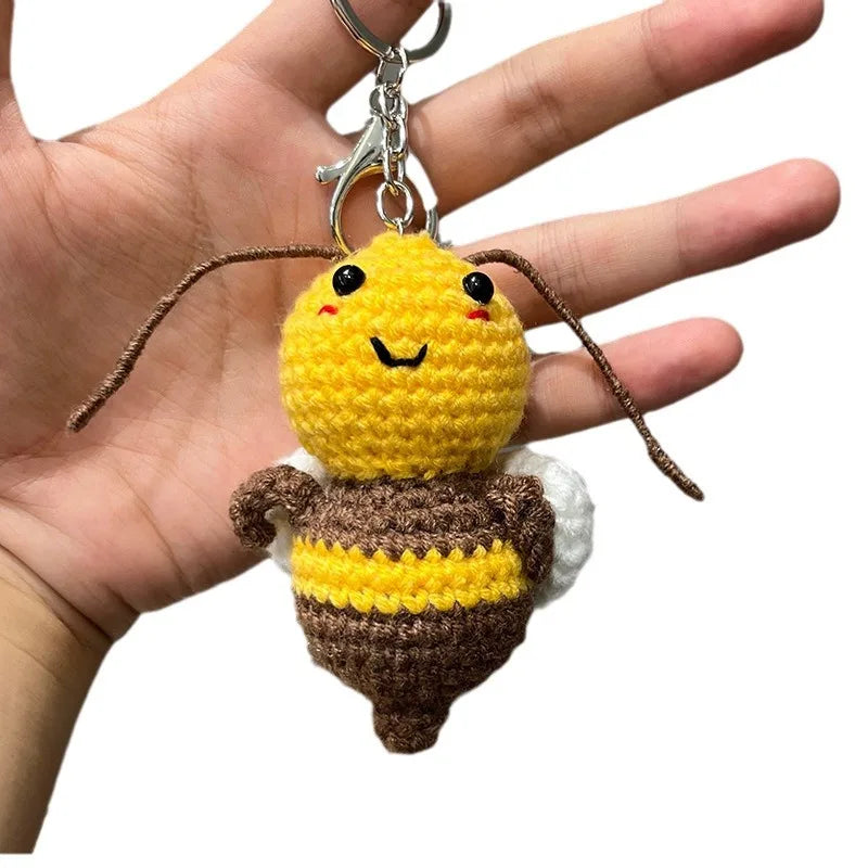 Stuffed Animal Bee Crochet Keychain Handmade Amigurumi Animal Doll Plush Toys Bee Key Chains Bag Charm Keyring Yarn Bee Keychain