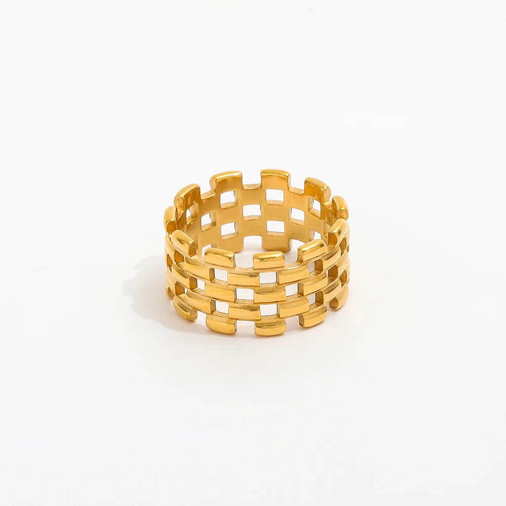 High End 18K Plain Gold Link Chain Hollow Mesh Statement Rings Stainless Steel Trendy Simple Gold Plated Jewelry