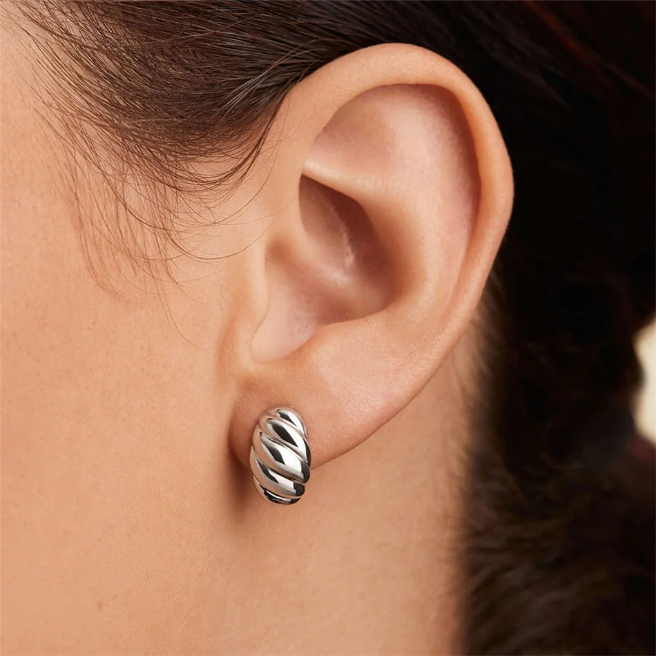 EManco Small Twist Croissant Stud Earrings Stainless Steel 18K Gold Plated Women Dome Hoops Trendy Party Simple Vintage Geometr