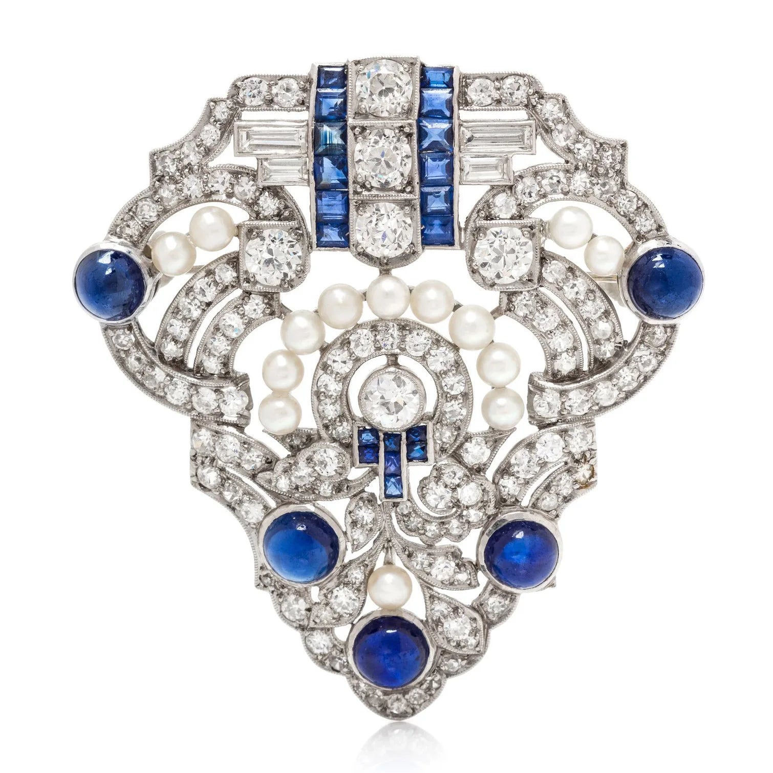 Art Deco Style Blue Sapphire Pearl Paved 925 Silver Brooch Fashion Brooch Accessory Fine Brooch for Women