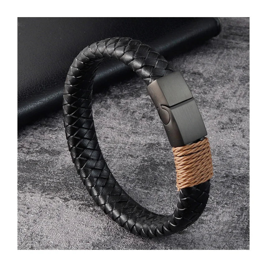 In Stock Wholesale Fashion Stainless Steel Magnetic Clasp Handmade Woven Charm Punk Style Unisex Gift Jewelry Bracelet