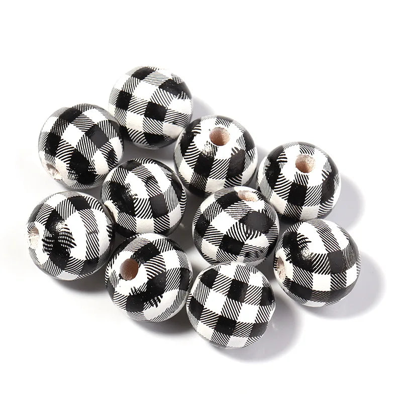 Wholesale Buffalo Plaid Wooden Beads for Crafts Colorful Polished Round Beads for DIY Garland Christmas Decor