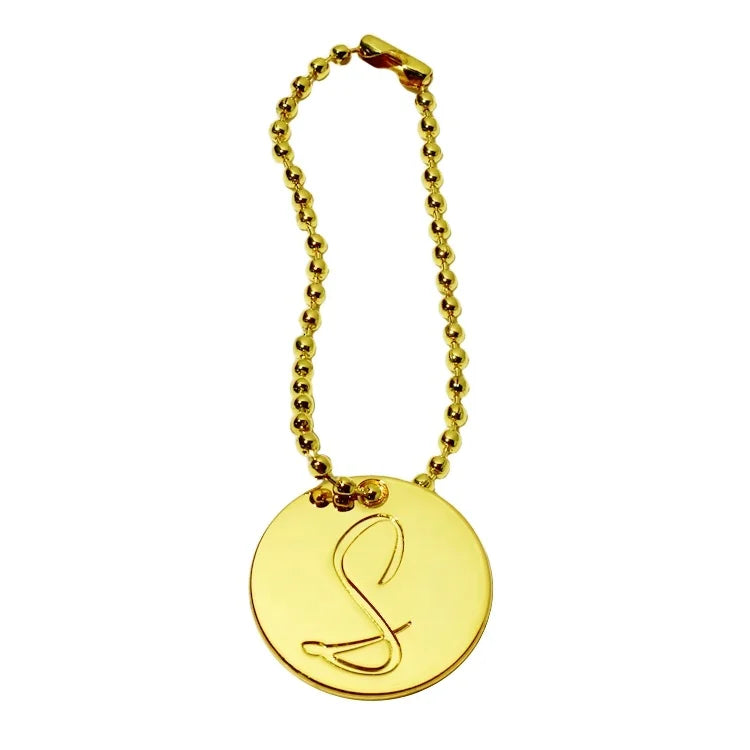 Custom Designer Handbag Accessory hang Label Logos Round Shape Gold Letter Chain Tags Plate for Suitcase