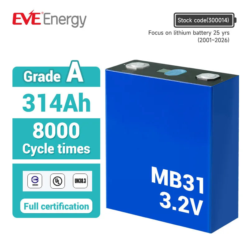EVE EU STOCK 314ah Lifepo4 Cell MB31 3.2V 8000cycles CE Lifepo4 Battery Rechargeable Home Power Energy Cell