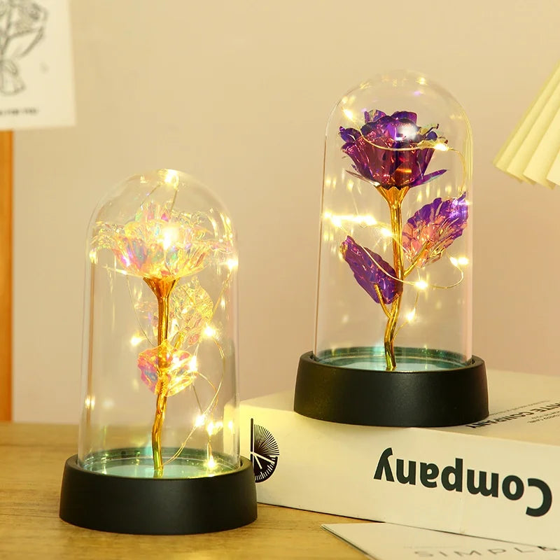 Valentine's Day Gold Foil Rose Night Light Glass Dome Creative Cross-Border Eternal Flower Ornament for Mother's Day Boxed Wall