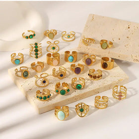 Fashion Jewelry 18K Pvd Gold Ring Tarnish Free Rings 316L Stainless Steel Natural Stone Ring Finger Women