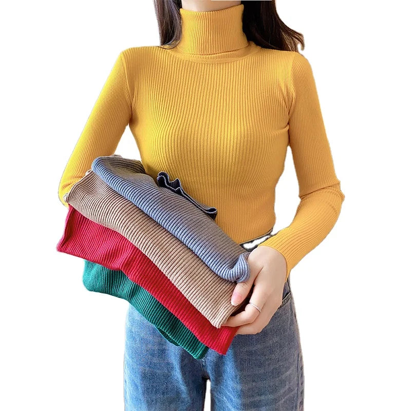2025 Spring Summer Long Sleeve Knitted Foldover Turtleneck Ribbed Pull Sweater Soft Warm Femme Jumper Pullover Clothes