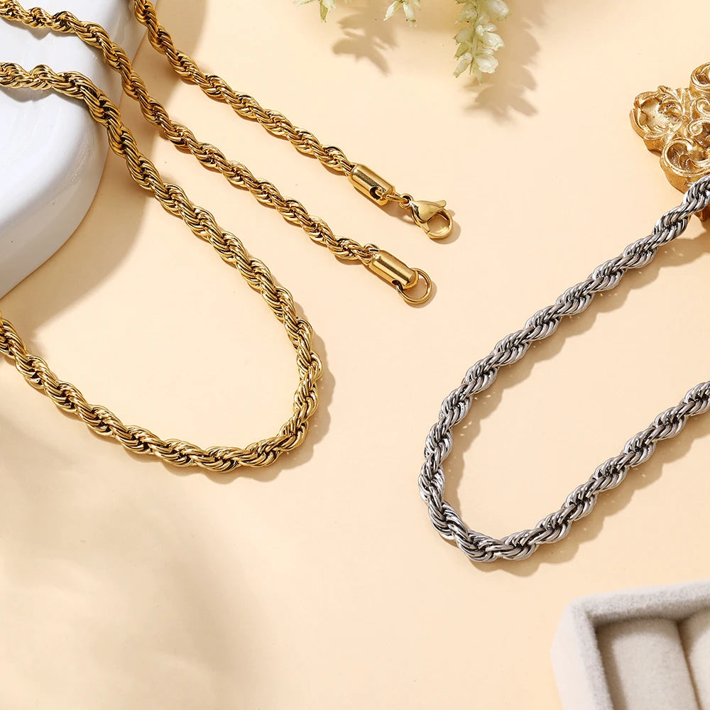 2.5mm 4mm 5mm 6mm Real Gold PVD Plating Chains Tarnish Free Waterproof Multiple Size Stainless Steel Rope Chains Necklaces