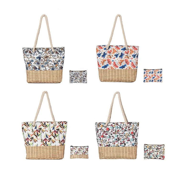 2023 Vintage Fashion Bamboo Woven Canvas Printed Tote Bag for Women Summer Beach Bag Thick Rope Zipper Large Capacity Straw
