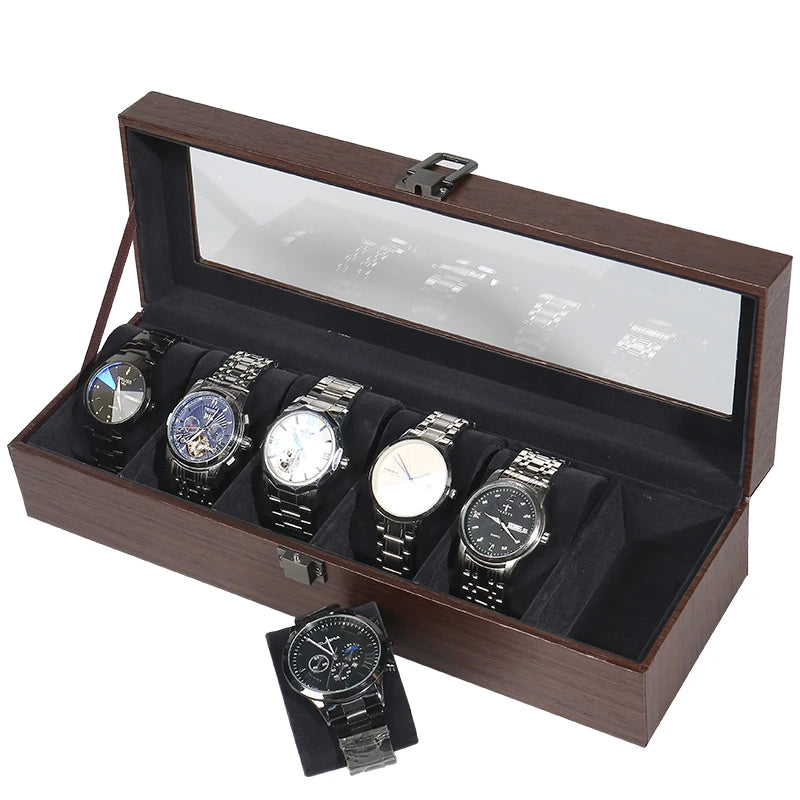 6 Slot Walnut Wood & Dark Blue Velvet Interior Watch Display Storage Box Organizer