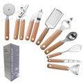 9pcs Kitchen Gadget Set Wood Handle Baking Utensils Premium Stainless Steel Spaghetti Server Ladle Serving Spoons Whisk Tools