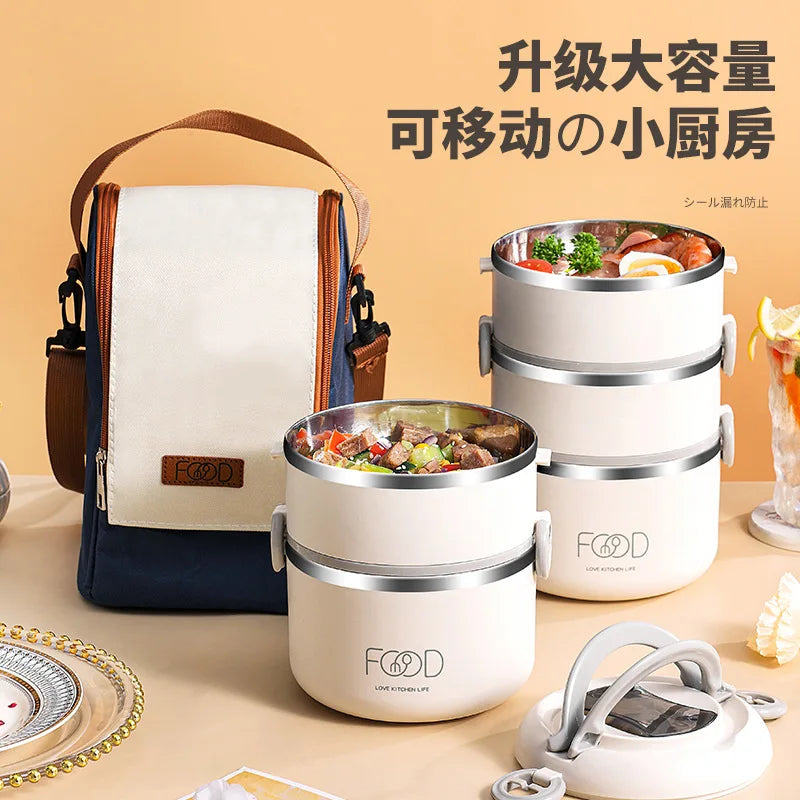 Round Multi-layer Insulation Student Lunch Box Stainless Steel Durable Leak-proof Camping Lunch Box with Handle