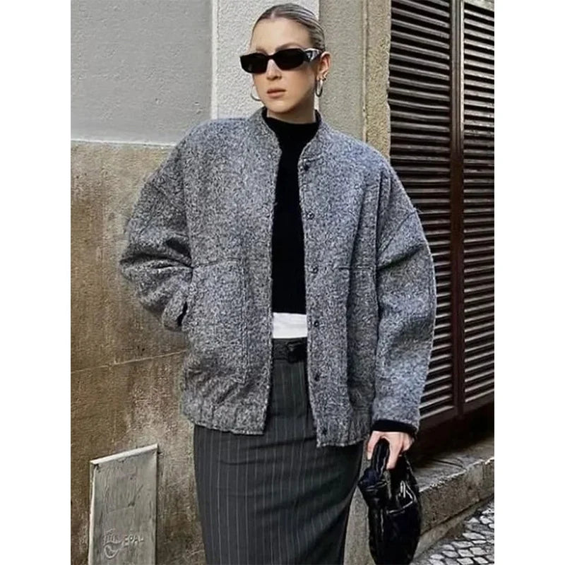 2023 Women's Elegant Solid Coat Button Long Sleeve Pocket Bomber Jacket Female Spring Casual Loose Streetwear Coats