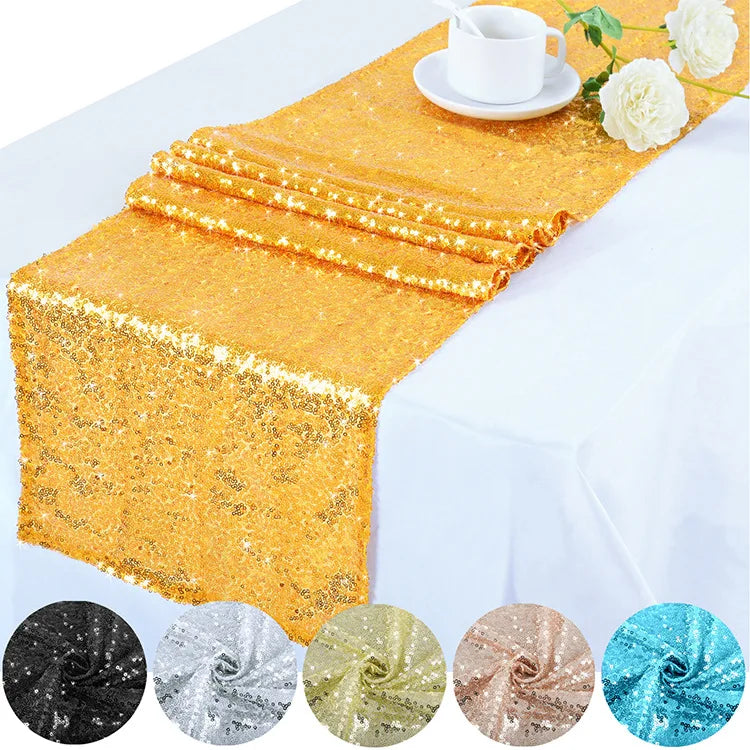 Custom Woven Starry Glitter Embroidery Sequin Table Runner Solid Color for Hotel & Wedding Decorations