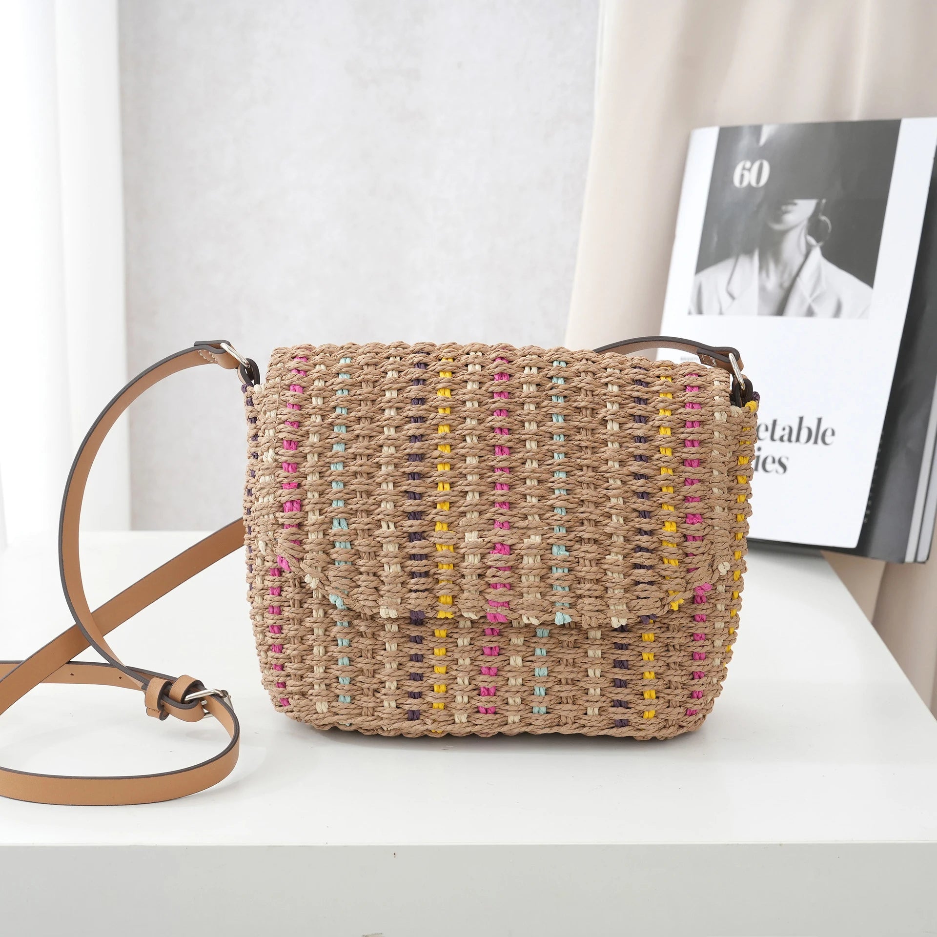 2025 Fashion Preppy Style Crossbody Summer Rattan Straw Bag for Women Weave Patchwork Braided Cover Beach Bag for Girls