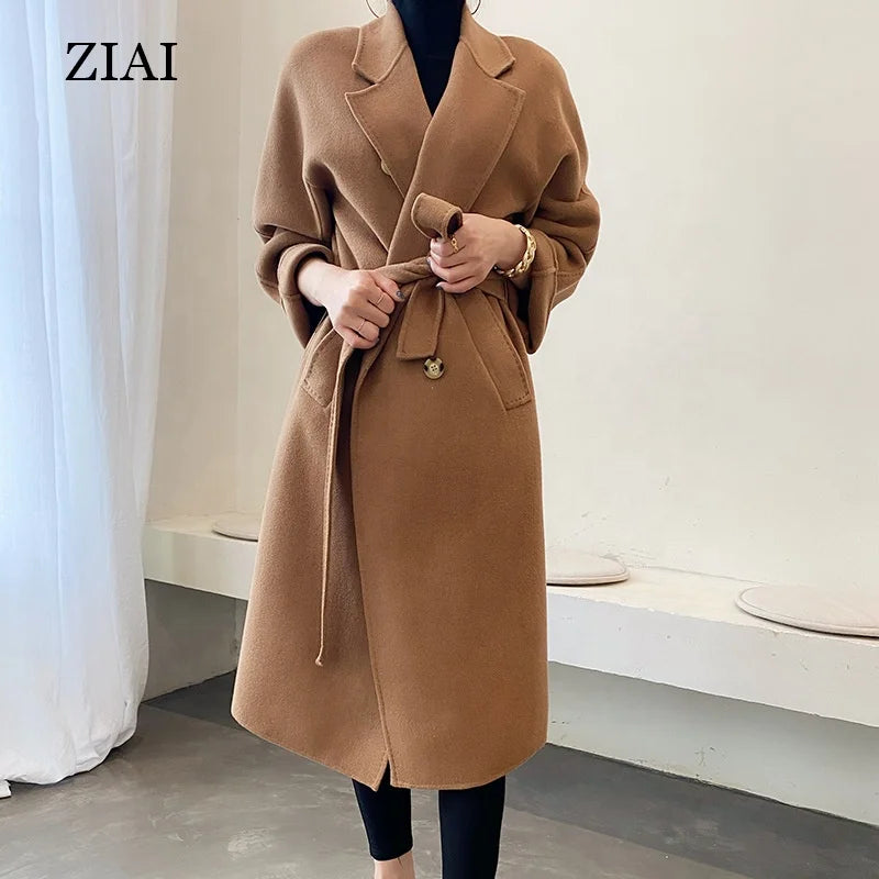 New HIgh Density Wool Coat Handmade Classic Camel Double-sided Peacoat Wool Wrap Coat