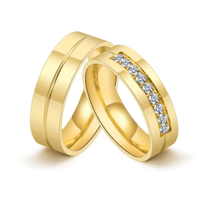 Hot Sale 316 Stainless Steel Pvd Cutting Inlaid Ring Diamond Couple Ring 18K Gold Plated Simple Wedding Ring Custom Jewelry