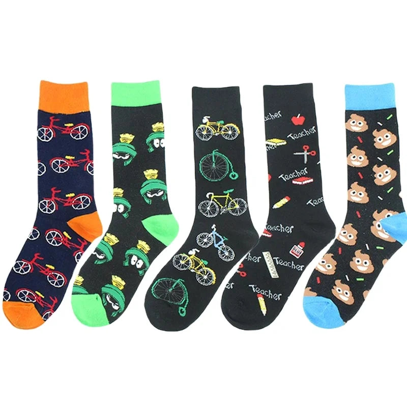 Hot Sale Novelty Custom logo Funny Cotton Unisex Socks Bicycle Teacher Green Blue Black Colorful Cute Crew Socks for Men
