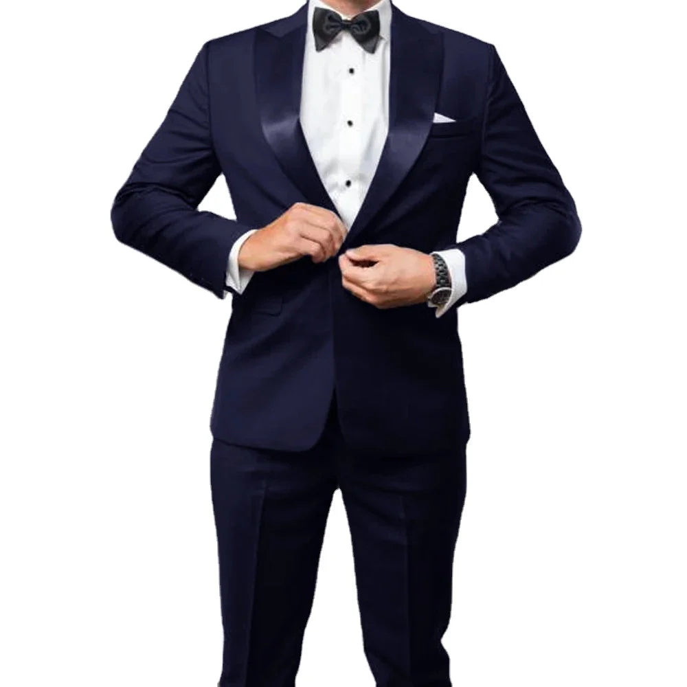 Navy Men's Suits 1 Button Casual Men's Clothing 2-piece Set (Top Jacket + Pants) Elegant Luxury Social Men's Wear