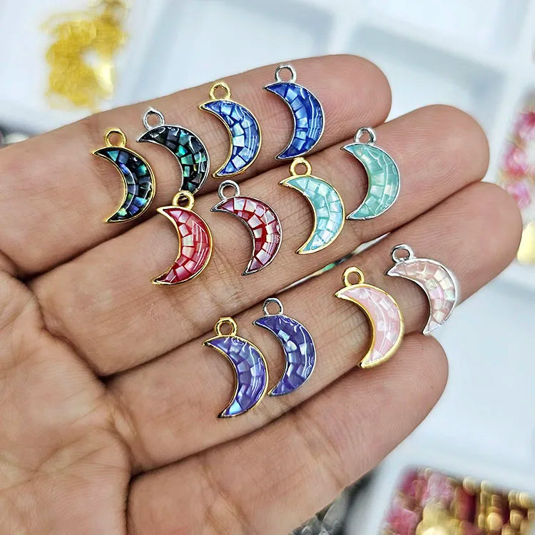 JS1911 Mini Tiny Gold Blue White Pink Purple Green Opal Mosaic Shell Celestial Crescent Moon Star Charm for Jewelry Making