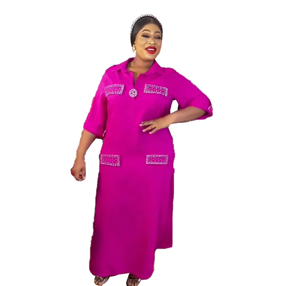 Best Price Summer Women's Dress Rhinestone Dresses Women Lady Mid-sleeve Shirt Collar Dress for Women