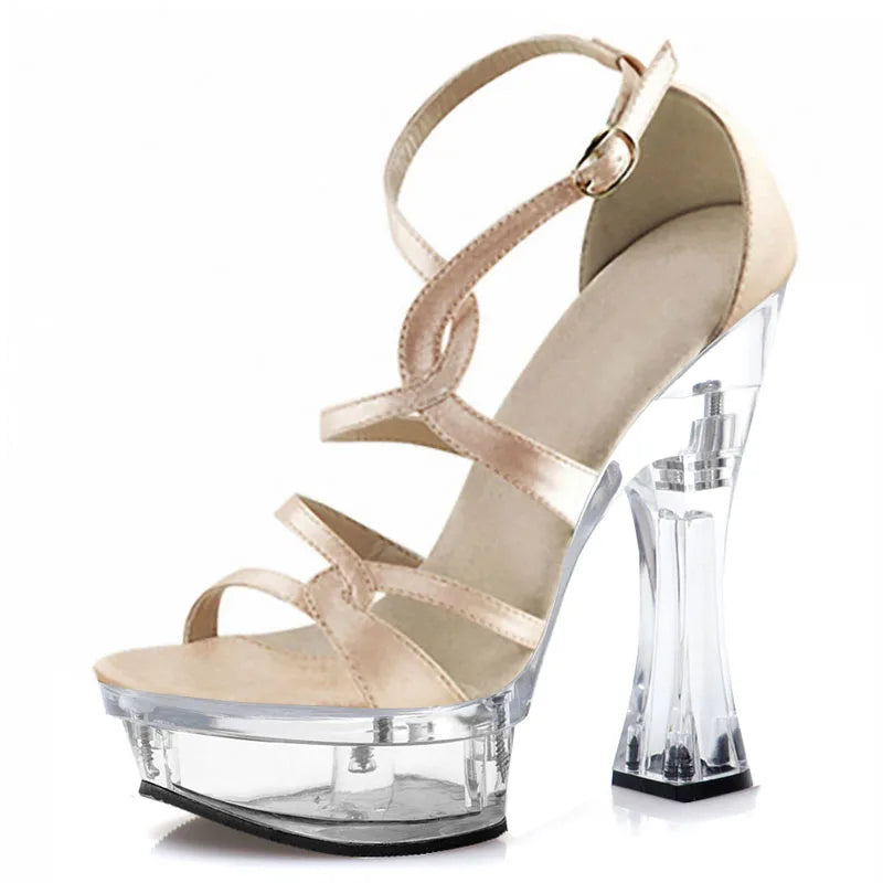 New transparent crystal thick soled platform high heels 14cm steel tube dance shoes model show party women's sandals