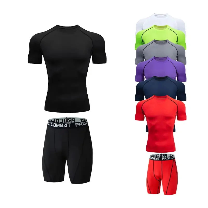 2 Pcs Short Tshirt and Pants Cool Dry Compression Wear Sweatsuit Set Baselayer Top Bottoms