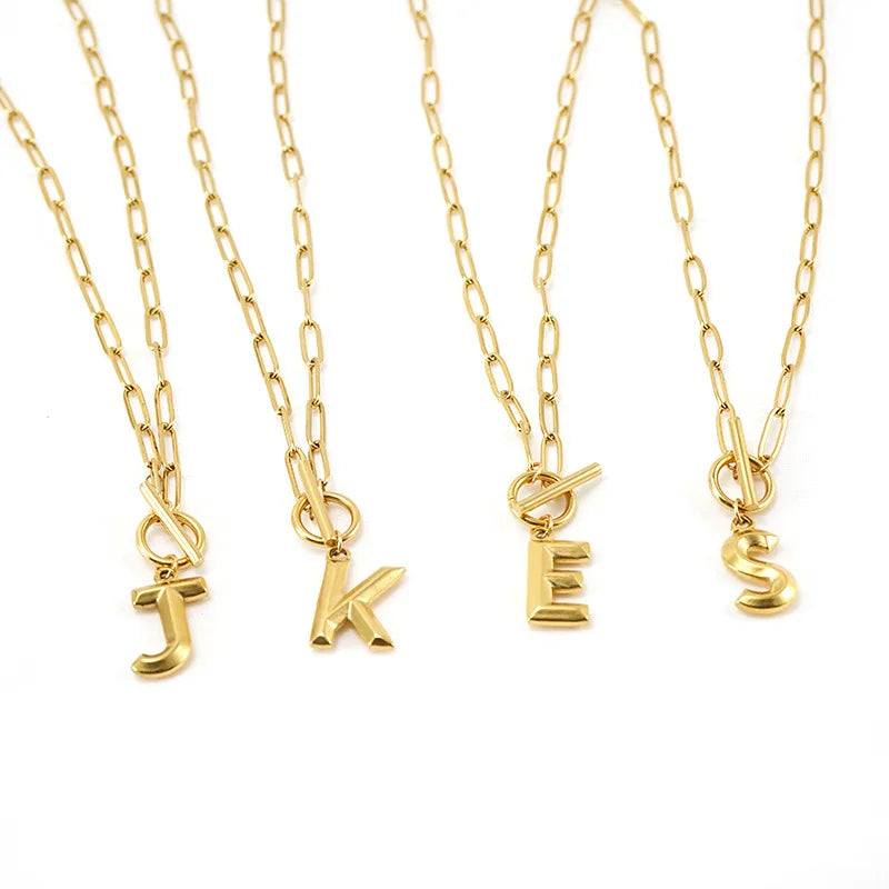 Stainless Steel Simple Women Necklace With Letter Charm Paper Clip Chain Toggle Clasp 18K Plated