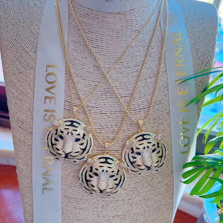 NZ1393 Chunky Big 18k Gold Plated CZ Paved Hip Hop Iced Out Tiger Head Pendant Chain Necklace