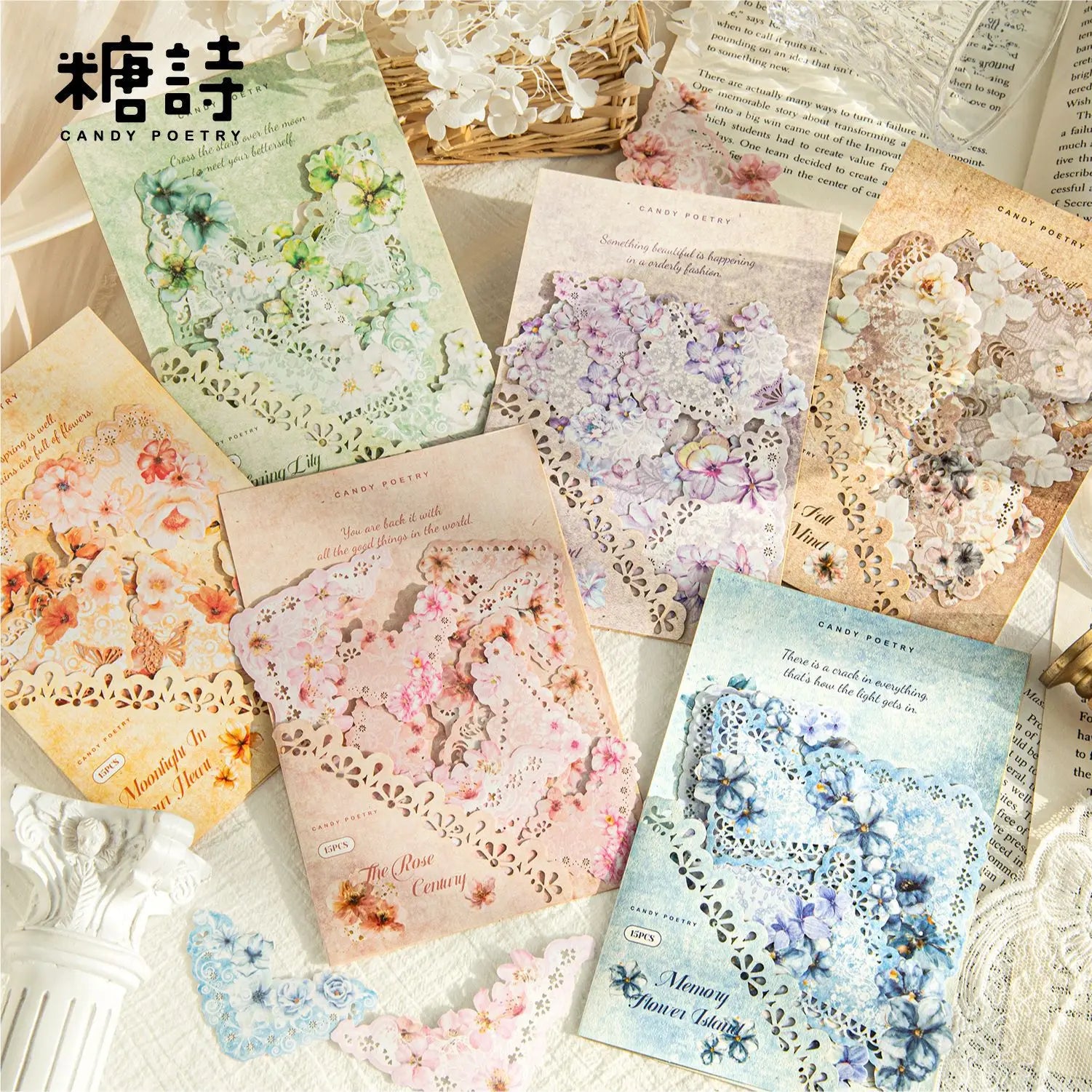 15 Sheets Per Pack Light Vintage Openwork Sticker Pack Flower Corner Series Flower Lace Corner Stickers